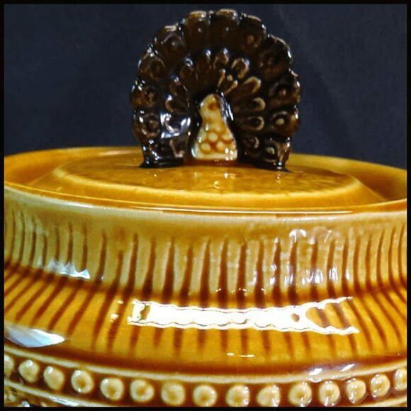 1960s Peacock Bird Vintage Teapot Honey Glass w Rattan Handle - Picture 7 of 10